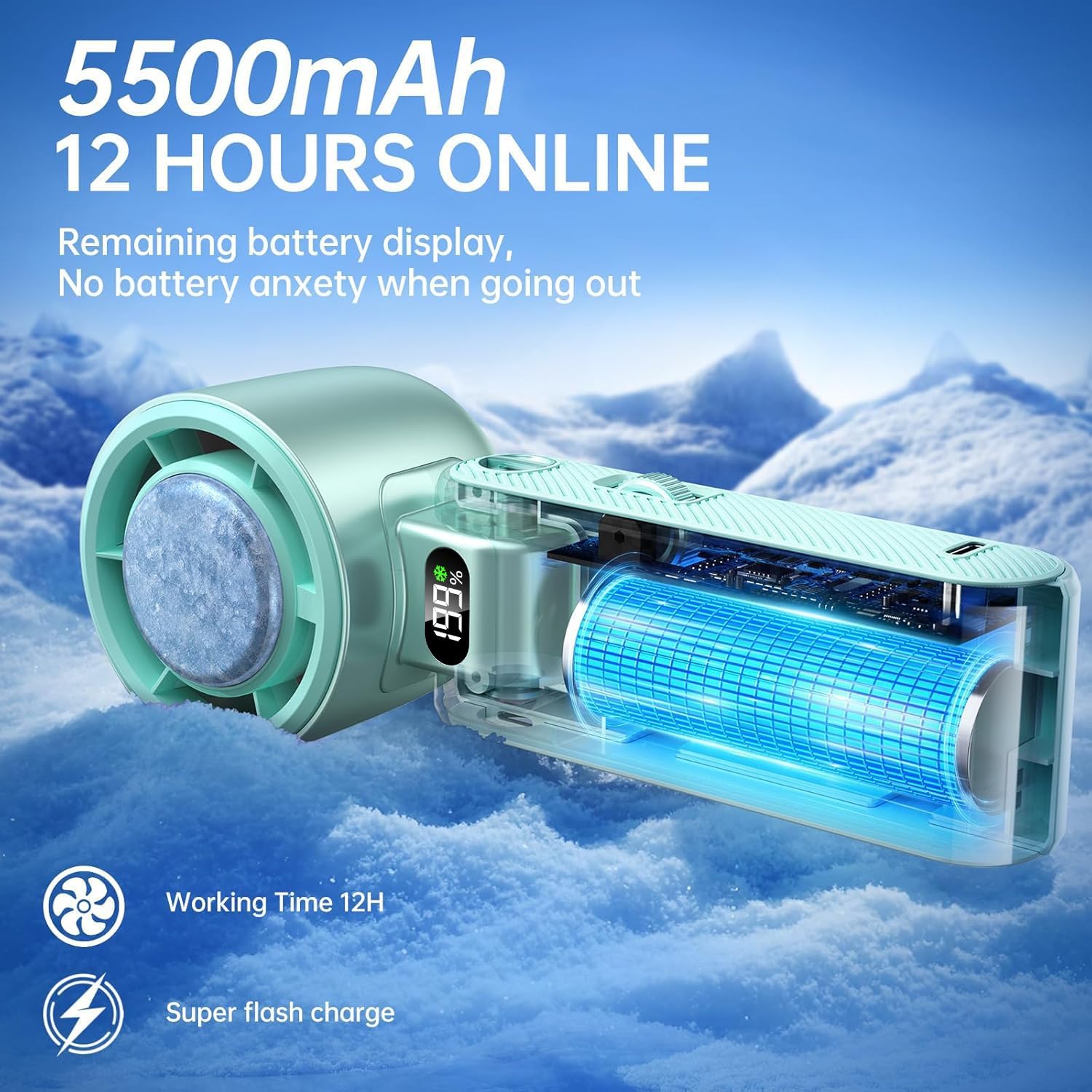 Pro Handheld Portable Fan with Ice Cooler: 199-Speed 5500Mah Rechargeable Handheld Fan, 12H Time Hand Cooling Personal Fans with 20000 RPM Air Turbo Tech for Travel Outdoor (Green)